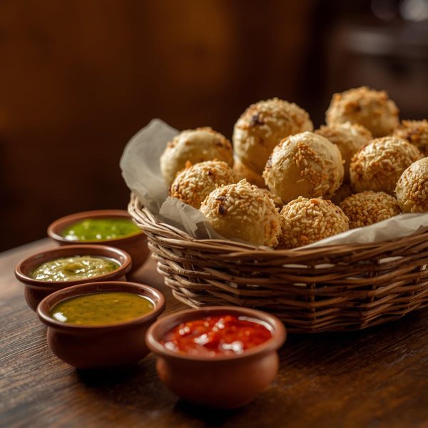 _Chekkalu snacks in a wicker basket, served with chutney bowls, traditional wooden kitchen background, daylight tone_